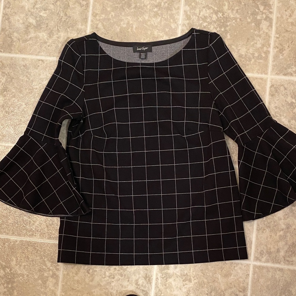 Lord & Taylor Black Grid Bell Sleeve Blouse